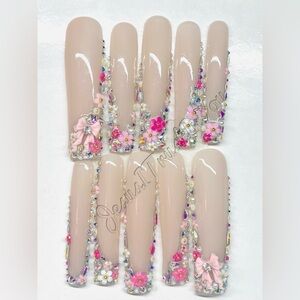 Nude Pink 3D Floral & Crystal Press-On Nail Set